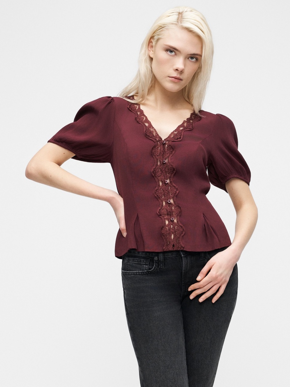GAP Deep Tuscan Red Crepe V-Neck Puff Sleeve Blouse Lace-Trim